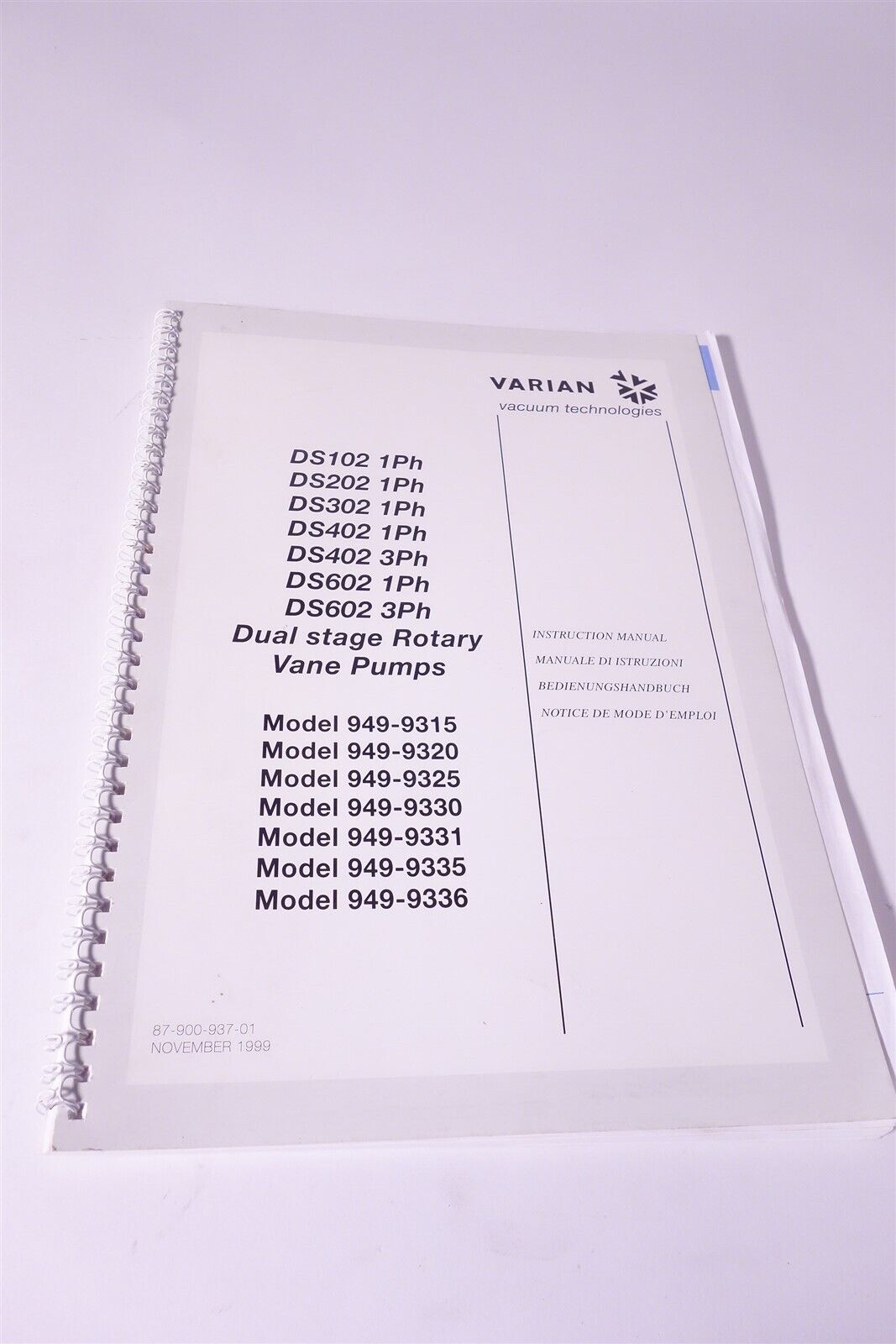 Varian Vacuum Technologies Dual Stage Rotary Vane Pump Manuals DS102 DS202 DS302
