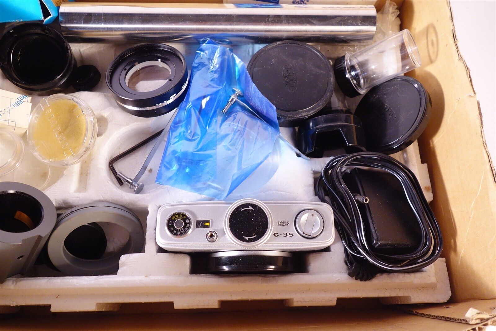 Lot / Box of Olympus Microscope Accessories + Dust Cover