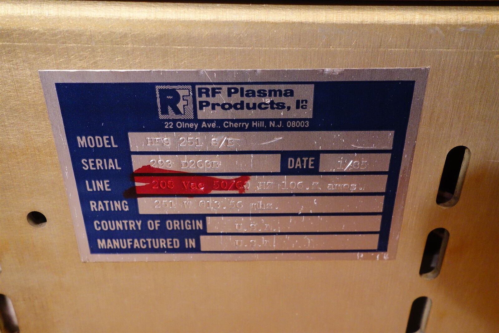 RF Plasma Products HFS251S HFS 251 S/B