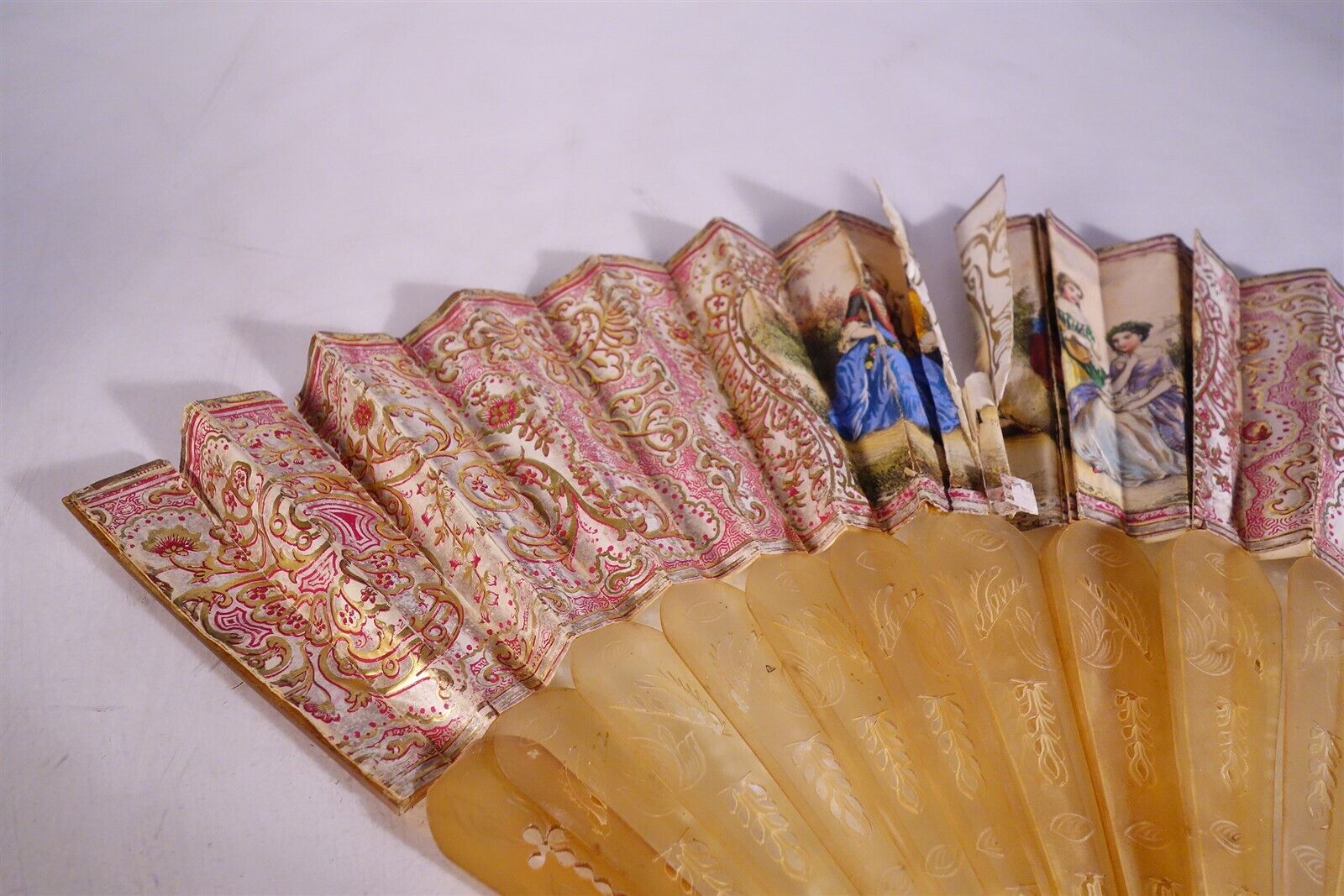 Late 18th Century Antique HAND FAN Carved MOP Sticks HAND PAINTED