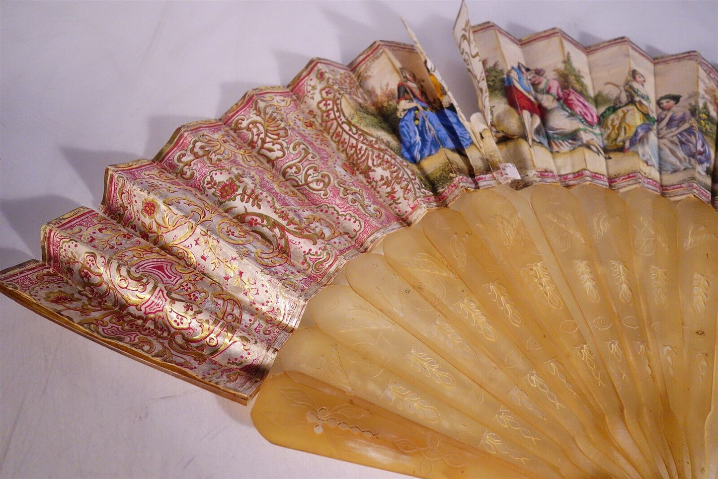 Late 18th Century Antique HAND FAN Carved MOP Sticks HAND PAINTED