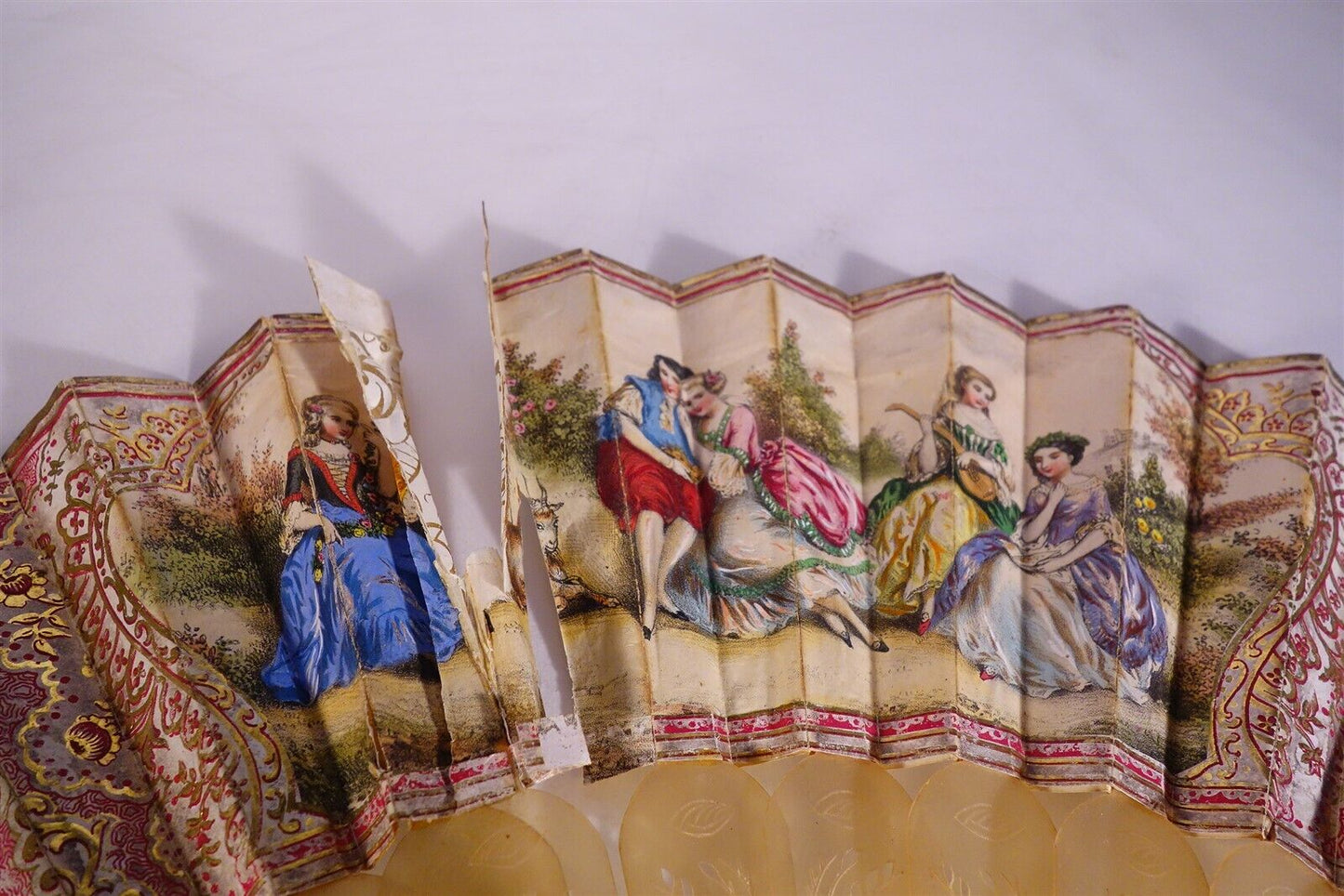 Late 18th Century Antique HAND FAN Carved MOP Sticks HAND PAINTED