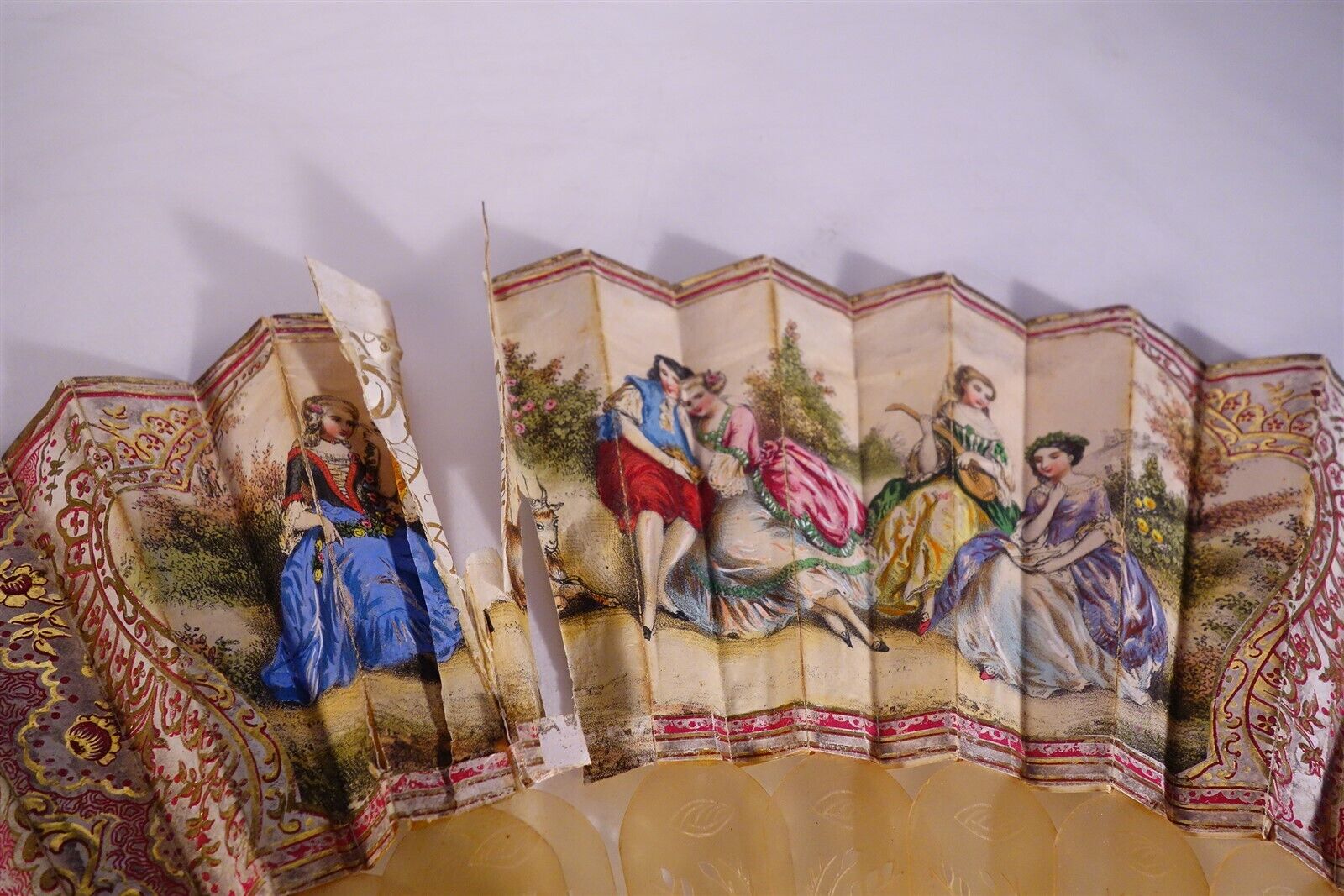 Late 18th Century Antique HAND FAN Carved MOP Sticks HAND PAINTED