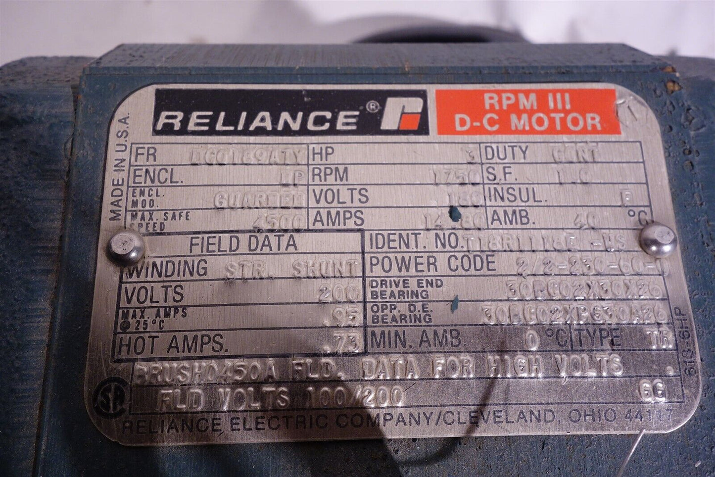 RELIANCE ELECTRIC DC0189ATY 3HP 3 HP 1750RPM 180V RPM III D-C- DC MOTOR +CONTROL