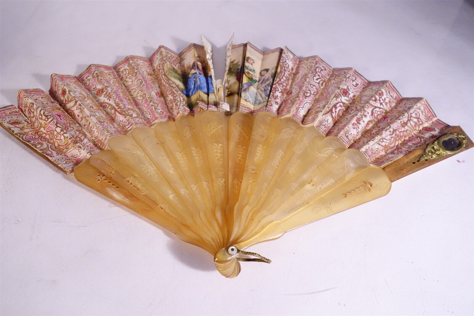 Late 18th Century Antique HAND FAN Carved MOP Sticks HAND PAINTED