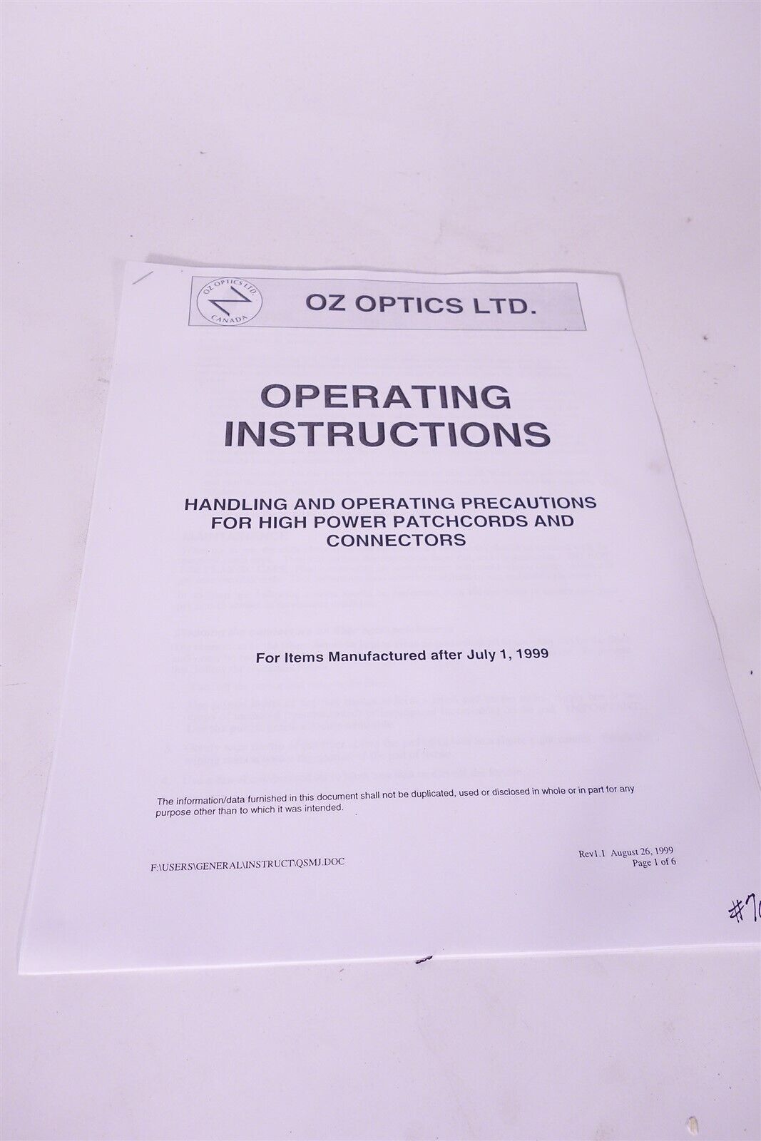 OZ Optics High Power Patch Cord NEW Laser - High Power Fiber Optic Line 