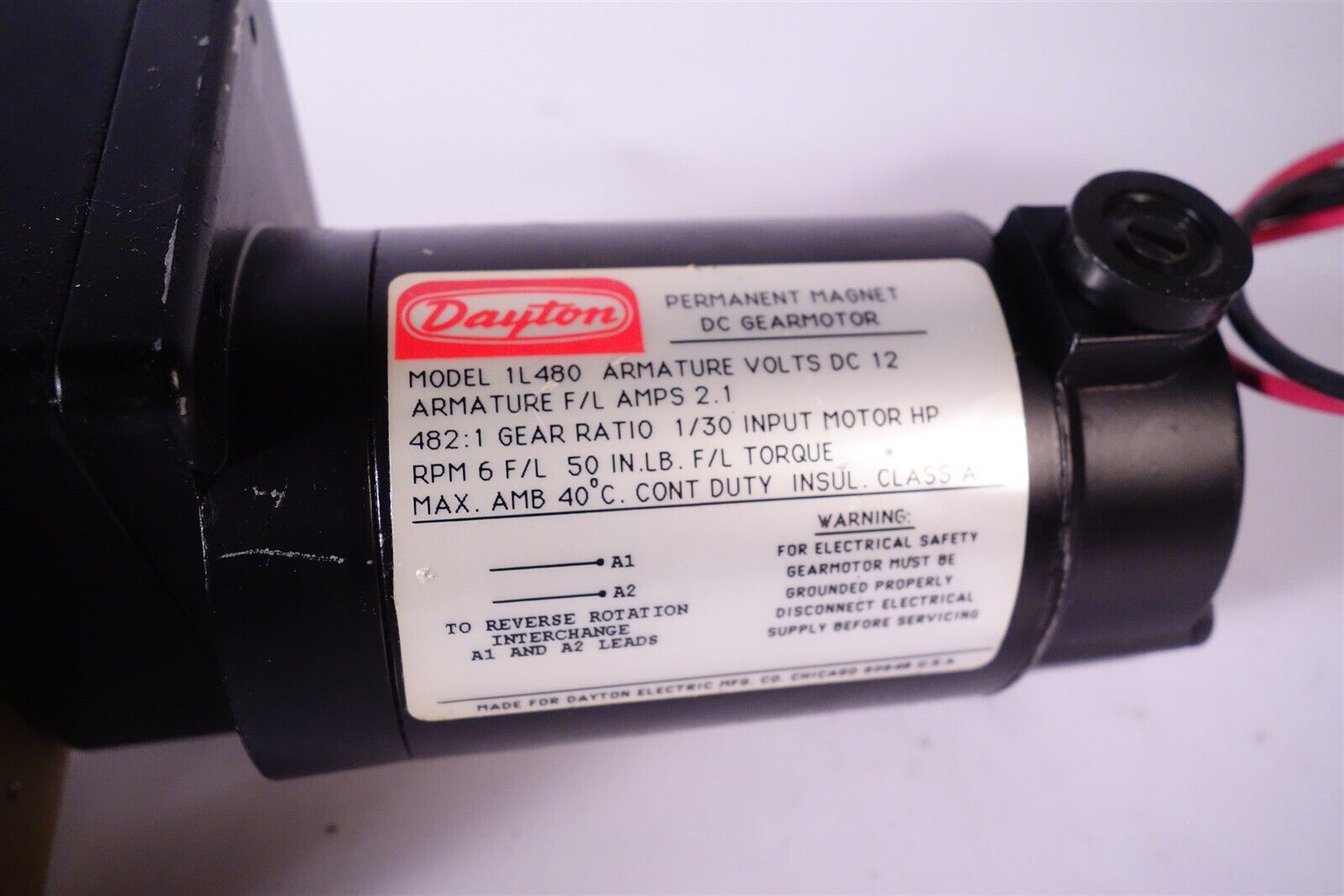 Dayton 1L480 ADC Gearmotor 1/30 HP / 6 RPM / 50 in-lb / 2.1 Amp 12v GEARMOTOR