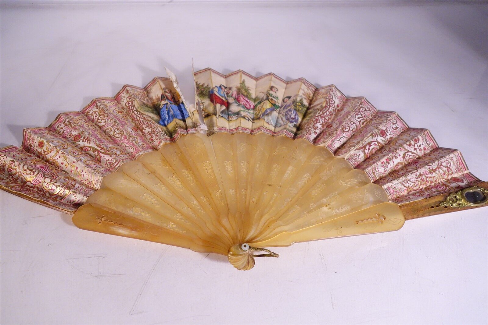 Late 18th Century Antique HAND FAN Carved MOP Sticks HAND PAINTED