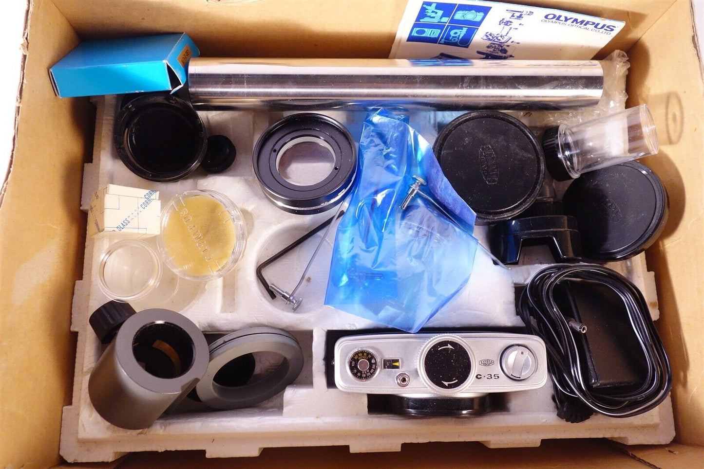 Lot / Box of Olympus Microscope Accessories + Dust Cover