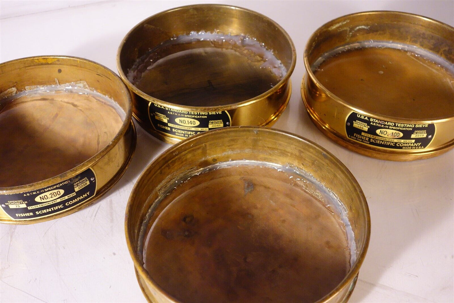 Lot of 4 Fisher Brand Brass Standard Sieves 200 140 100 200 