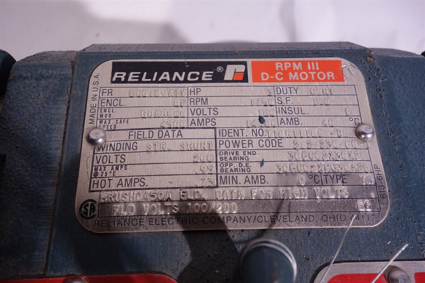 RELIANCE ELECTRIC DC0189ATY 3HP 3 HP 1750RPM 180V RPM III D-C- DC MOTOR +CONTROL