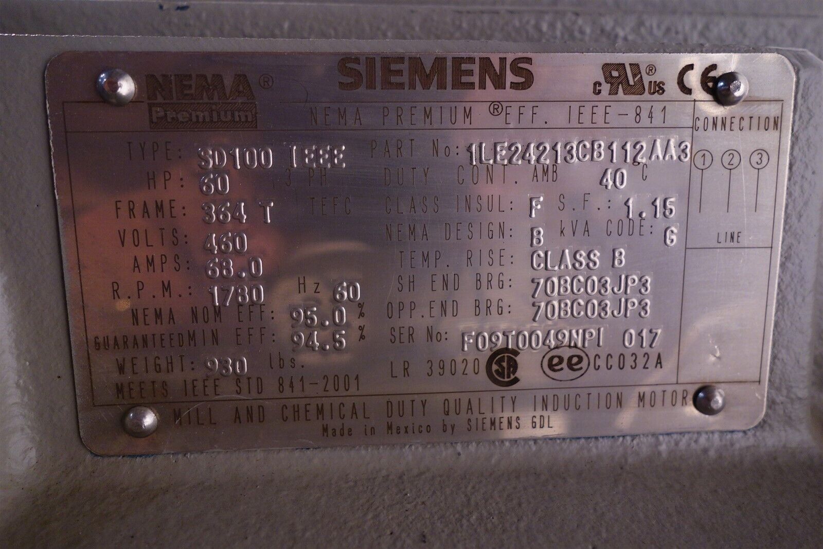 Siemens SD100 60HP 460V 364T 1800RPM NEW - UNUSED 