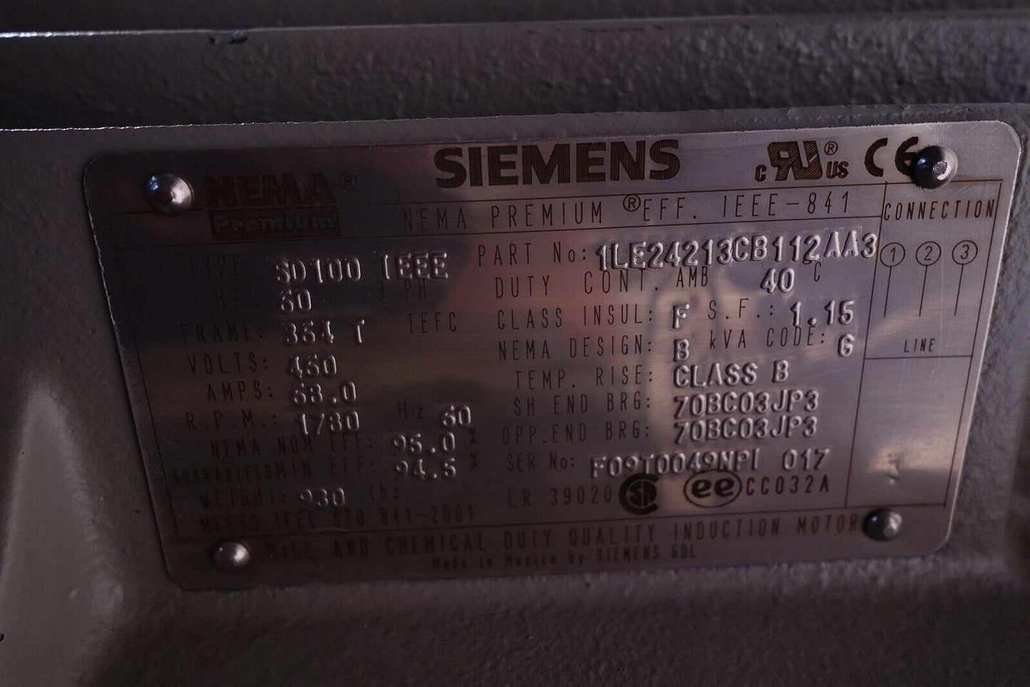 Siemens SD100 60HP 460V 364T 1800RPM NEW - UNUSED 