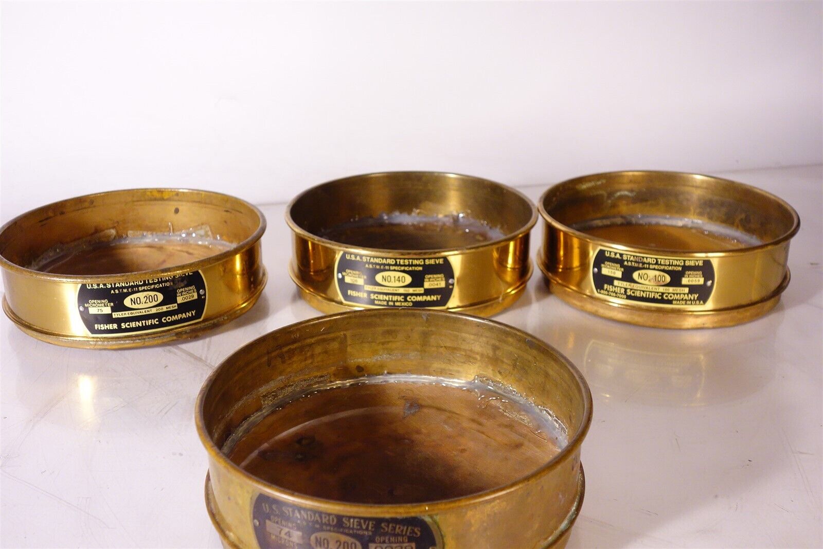 Lot of 4 Fisher Brand Brass Standard Sieves 200 140 100 200 