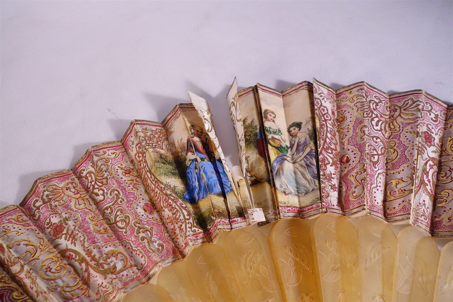 Late 18th Century Antique HAND FAN Carved MOP Sticks HAND PAINTED