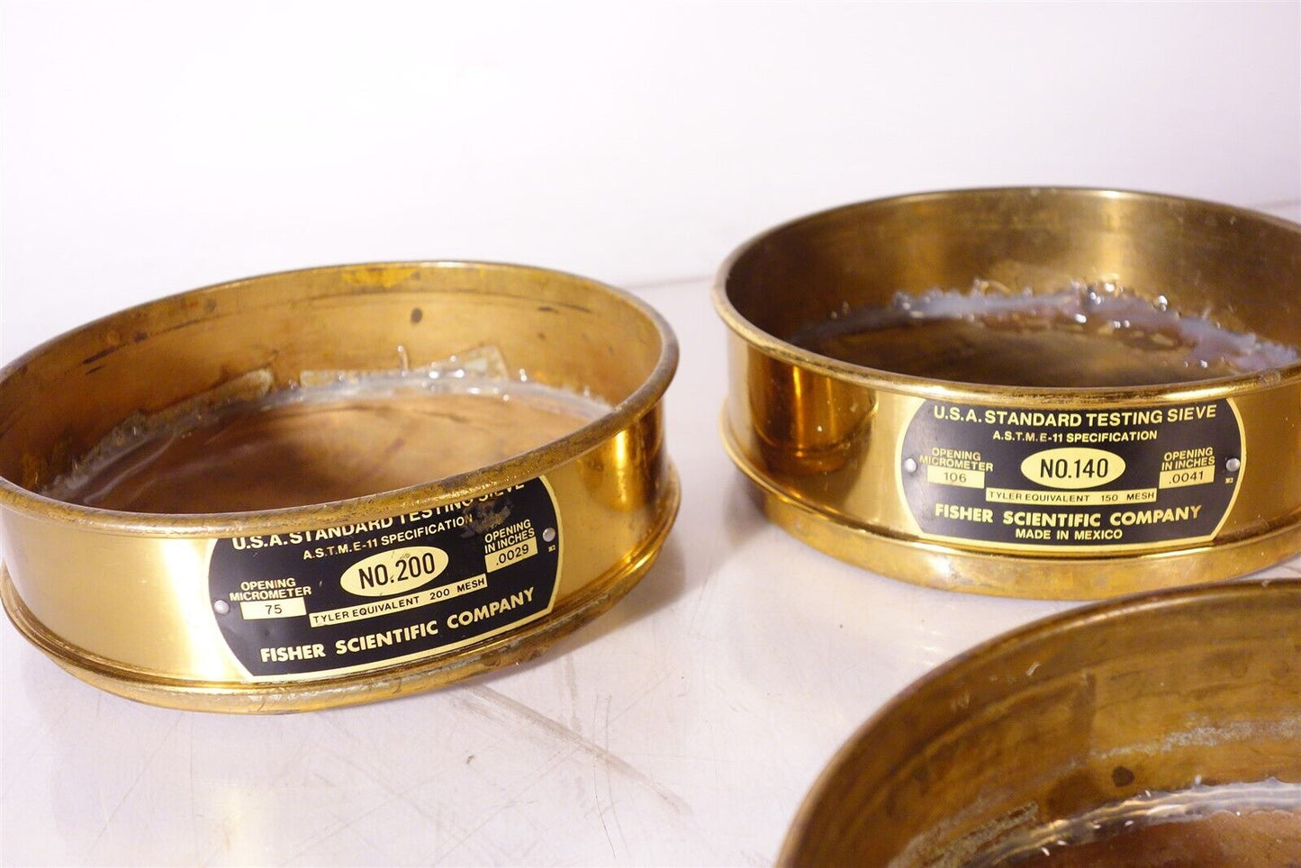 Lot of 4 Fisher Brand Brass Standard Sieves 200 140 100 200 