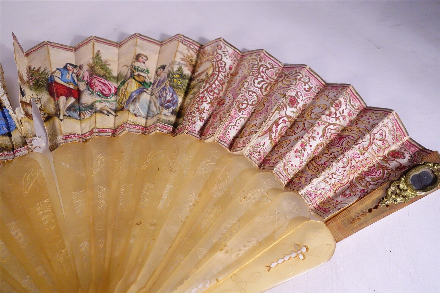 Late 18th Century Antique HAND FAN Carved MOP Sticks HAND PAINTED