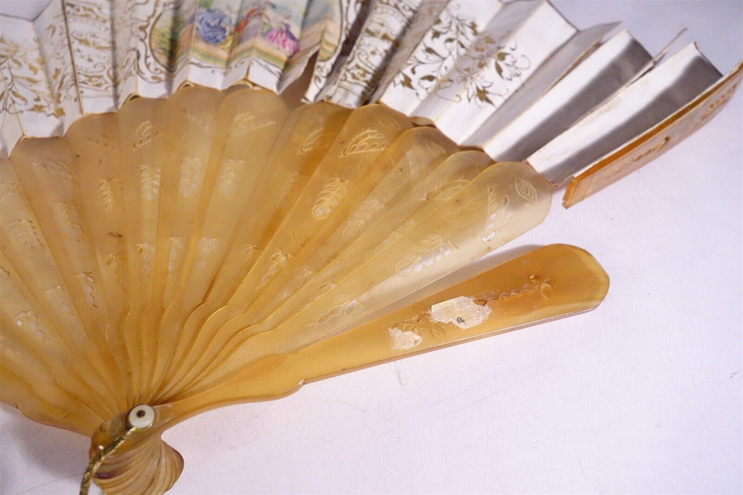 Late 18th Century Antique HAND FAN Carved MOP Sticks HAND PAINTED