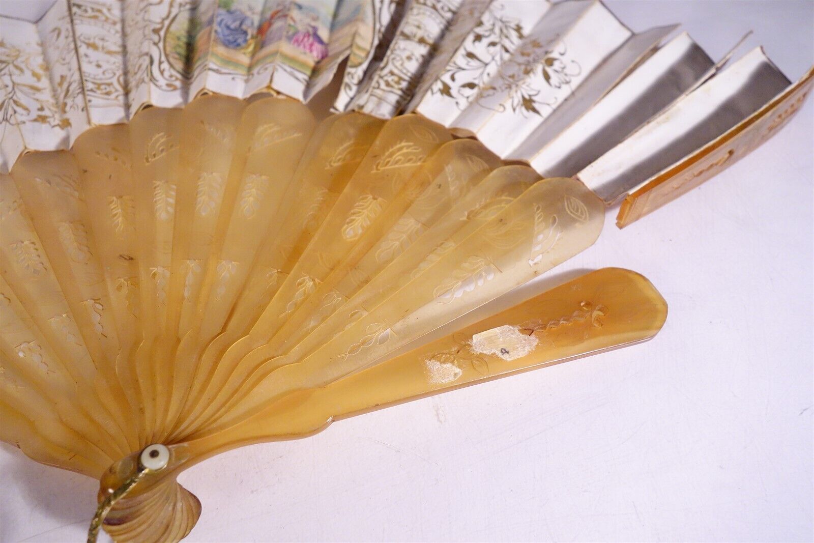Late 18th Century Antique HAND FAN Carved MOP Sticks HAND PAINTED