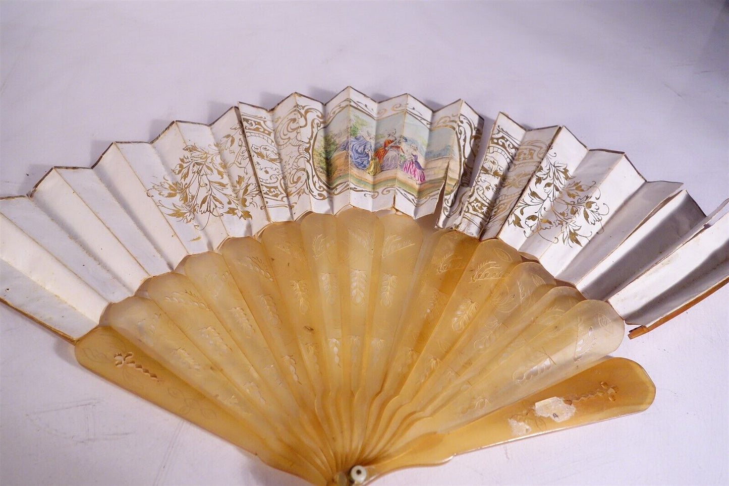 Late 18th Century Antique HAND FAN Carved MOP Sticks HAND PAINTED