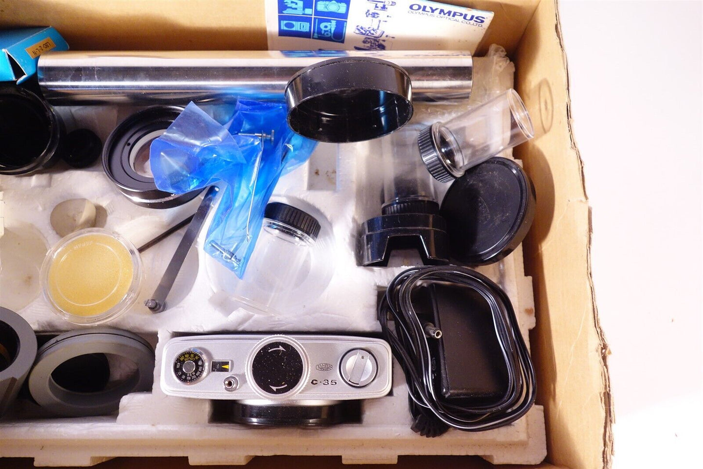 Lot / Box of Olympus Microscope Accessories + Dust Cover