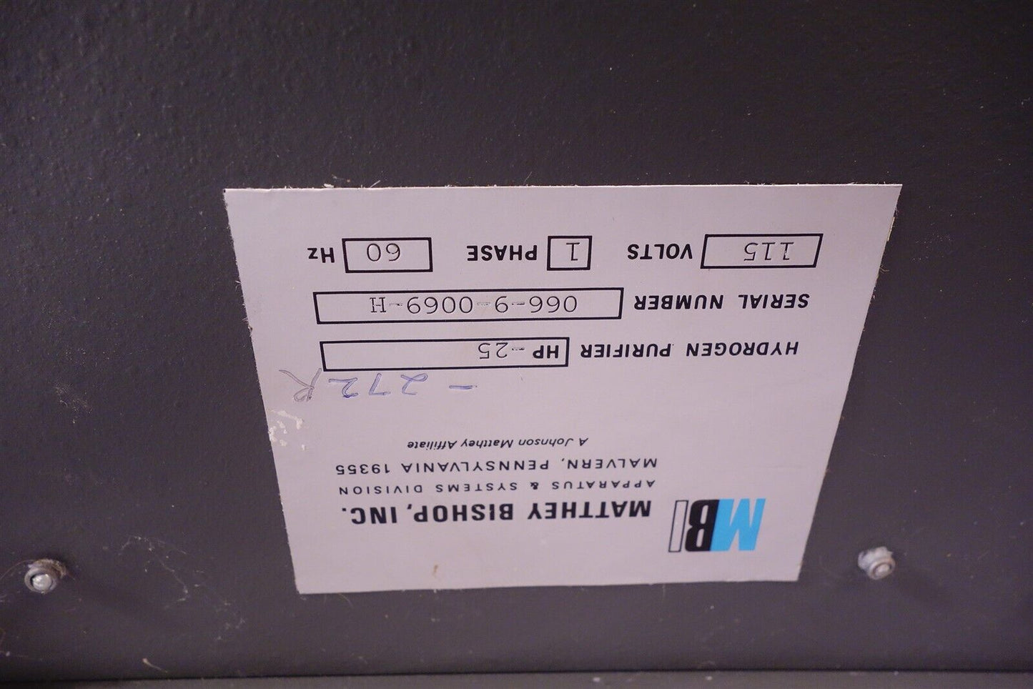 Matheson Johnson Matthey Hydrogen 8363 Hydrogen Purifier 
