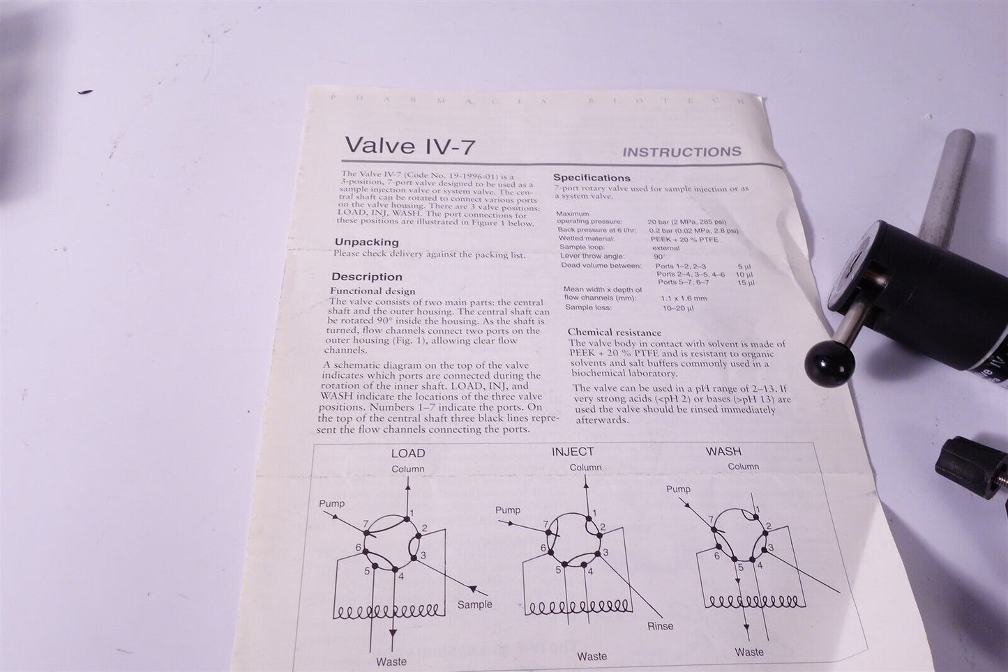 GE Pharmacia Biotech AKTA Pharmacia Valve IV-7 2MPa + Manual 