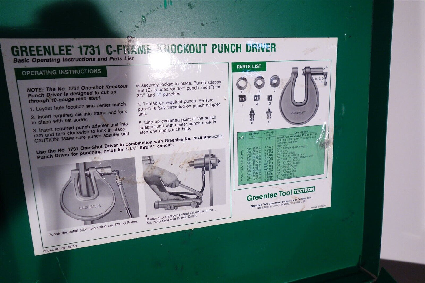 Greenlee 1731 Hydraulic C-Frame Knockout Metal Punch