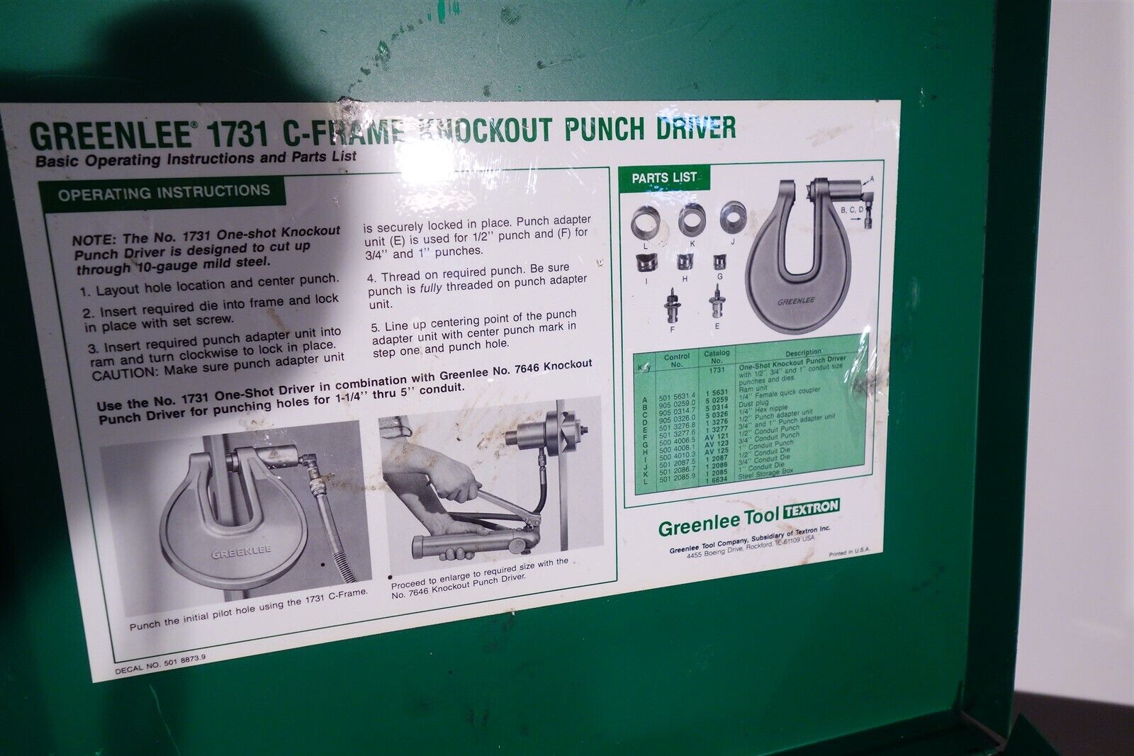 Greenlee 1731 Hydraulic C-Frame Knockout Metal Punch