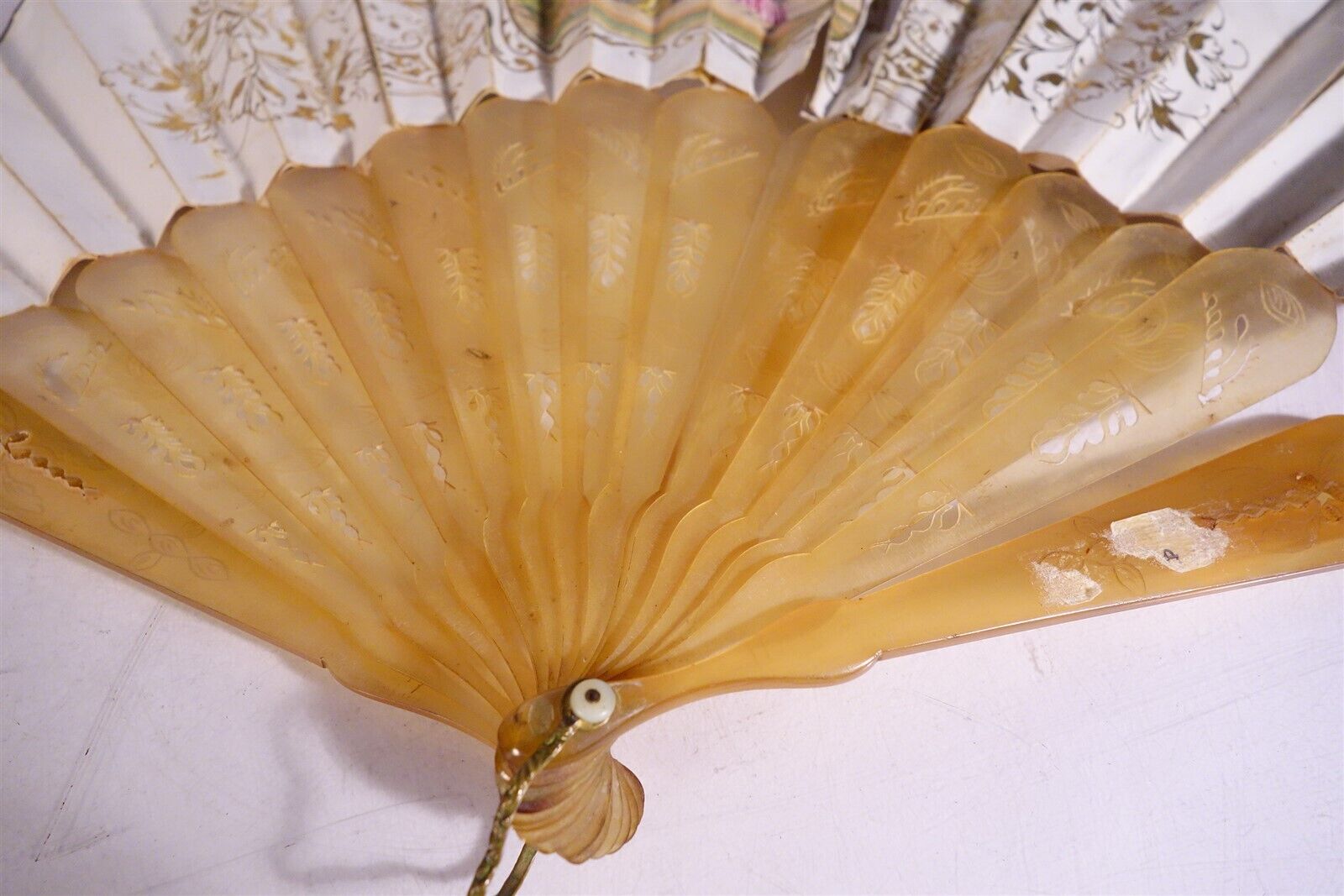 Late 18th Century Antique HAND FAN Carved MOP Sticks HAND PAINTED