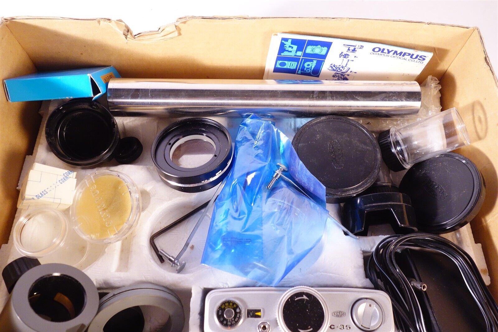 Lot / Box of Olympus Microscope Accessories + Dust Cover